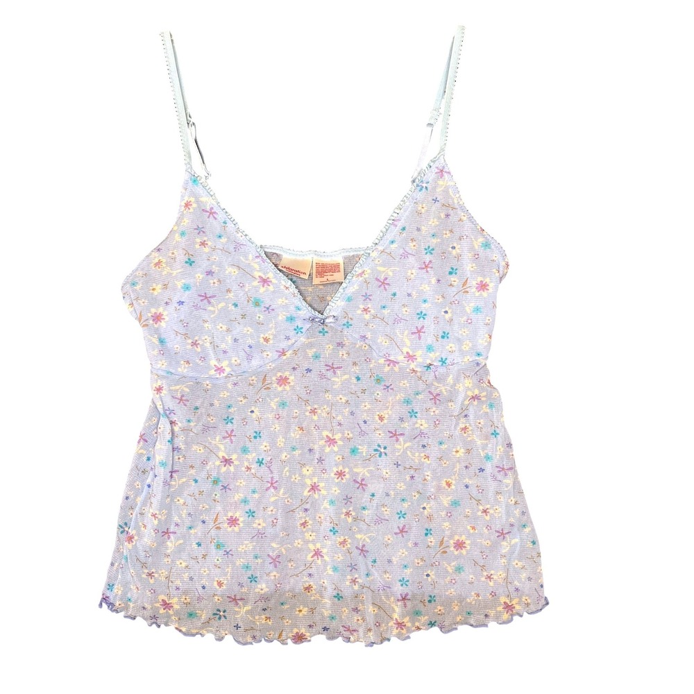 Vtg Y2K Blue Floral Mesh Cami Ruffle Trim Top Large Coquette Fairycore Dainty